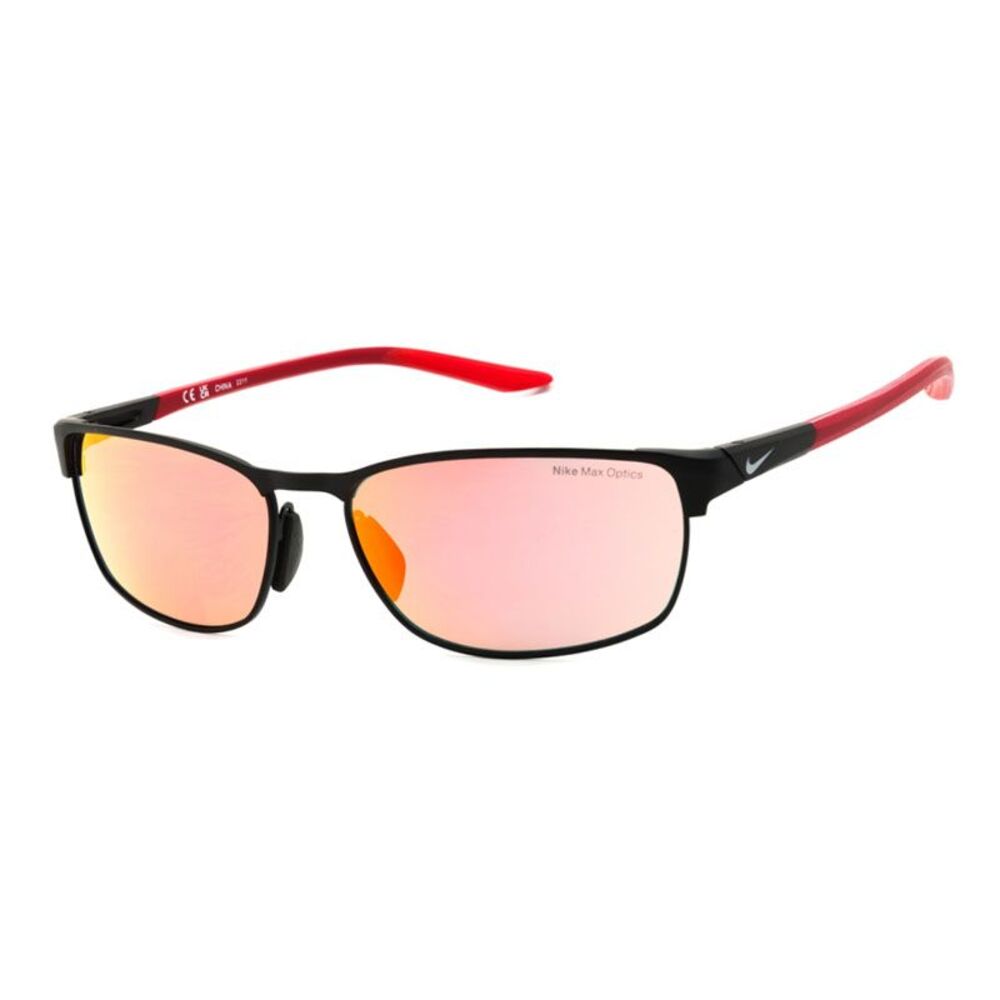 Nike Sunglasses Rectangle Full Rim, Satin Black Frame and Red Mirror Lens